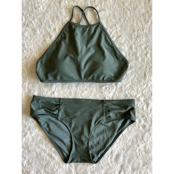 aerie Other - Aerie Green High Neck Halter Strappy Back Bikini Top & Hipster Bottoms SwimsuitS